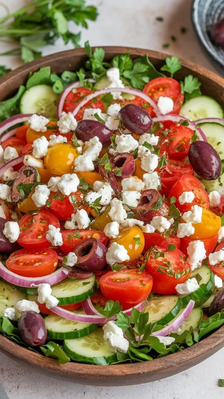 Fresh Mediterranean Salad with Feta Cheese A fresh Mediterranean salad with cherry tomatoes, cucumbers, red onion, olives, and feta cheese in a wooden bowl.